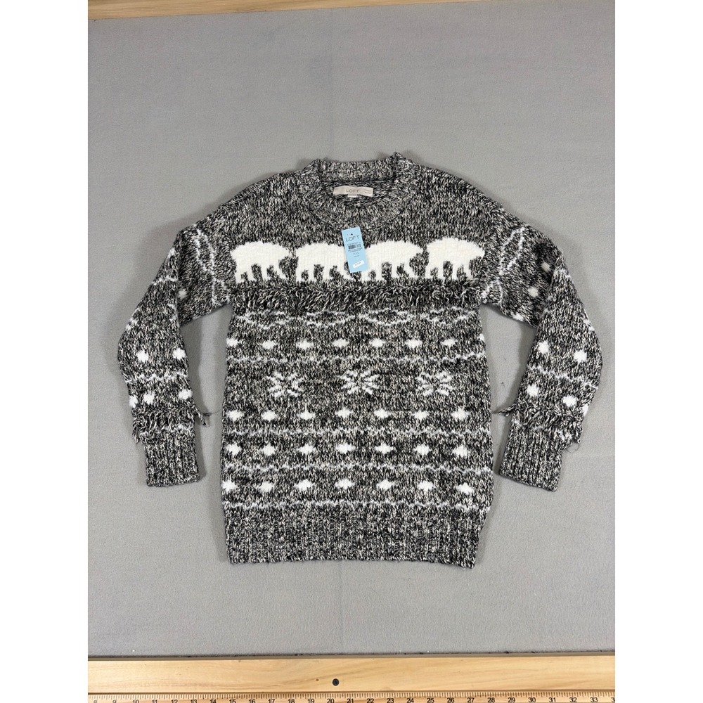 Loft Petites Polar Bear Fringe Fair Isle Sweater XXSP Black White NWT